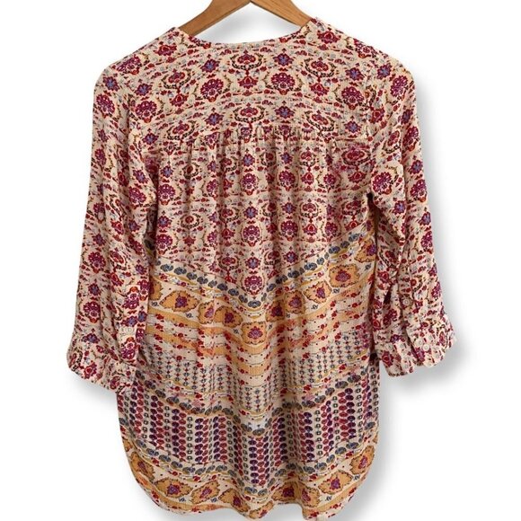 NINE WEST JEANS Boho Floral Tunic Multicolor Roll Tab 1/2 Sleeves Size Small - Picture 2 of 8